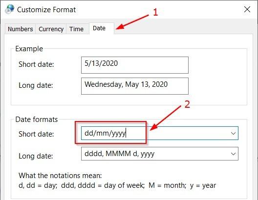 thay đổi Short Date trong thẻ Date của Customize Format